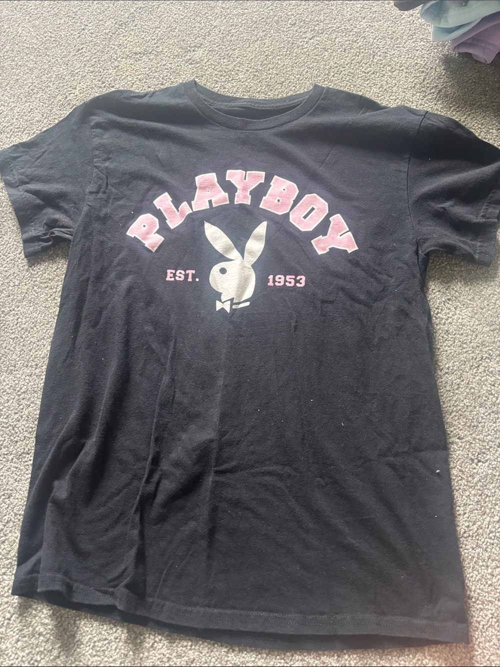 PLAYBOY Black Tee with Pink Logo and White Bunny